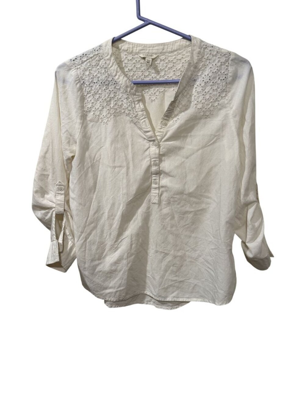 Sonoma Life + Style White Cotton Eyelet Button-Front Blouse Petite Medium